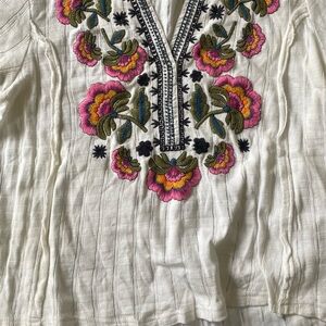 Anthropology Floral Embroidered Blouse with Pink Accents